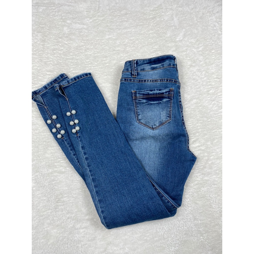 Cocoa Blue Denim Jeans Womens Size 7 Skinny High Waist Pearl‎ Embellished Blue